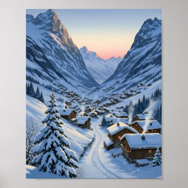アルプスの村の夜明けの雪山の谷 ポスター