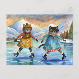 アルプスの湖に氷のスケートで滑るを着た猫 シーズンポストカード