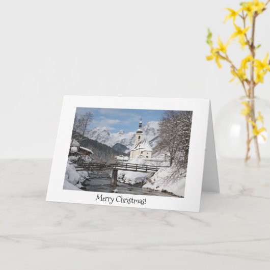アルプスの雪の中の教会とクリスマスカード カード (黄色い花)