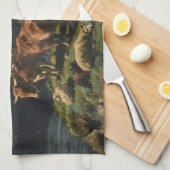 アルプスの風景の中の牛と羊 キッチンタオル (四つ折り)