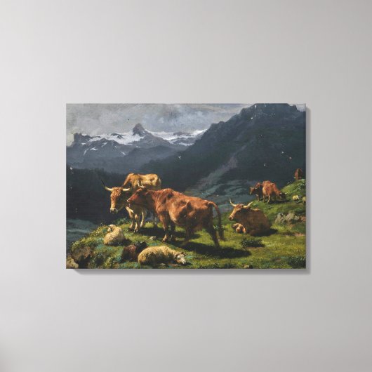 アルプスの風景の中の牛と羊 キャンバスプリント (正面)