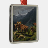 アルプスの風景の中の牛と羊 メタルオーナメント (右)