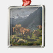 アルプスの風景の中の牛と羊 メタルオーナメント (左)