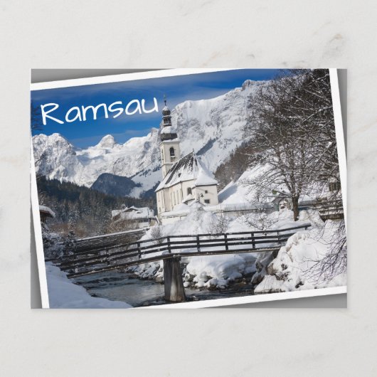 アルプス山脈を持つ雪の中の教会 ポストカード (正面)