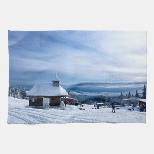 アルプス雪山のチャペル キッチンタオル (横)