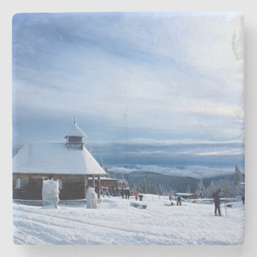 アルプス雪山のチャペル ストーンコースター (正面)