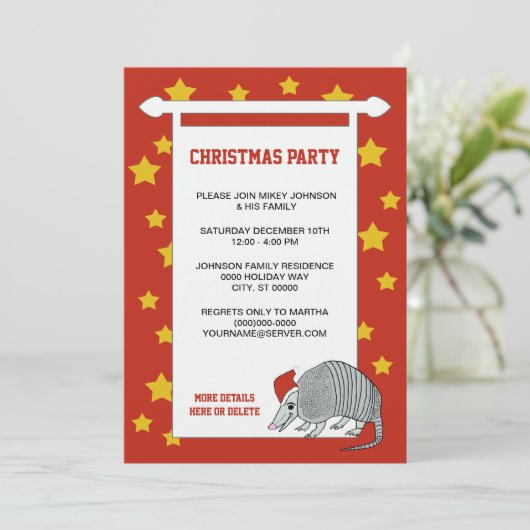 アルマジロサンタはクリスマス・パーティのヴィンテージの赤を主演します 招待状 (スタンド正面)