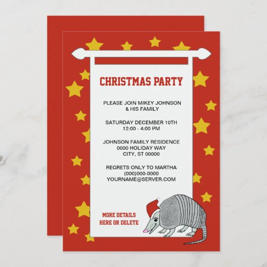 アルマジロサンタはクリスマス・パーティのヴィンテージの赤を主演します 招待状 (正面/裏面)