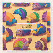 アルマジロパステルカラフルパタパーソナライズされたーン ガラスコースター (正面)