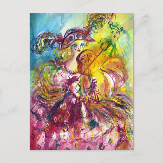 アルレッキーナのバイオリン奏者 マーディ・グラス・マスカレード・パーティー インビテーションポストカード (正面)