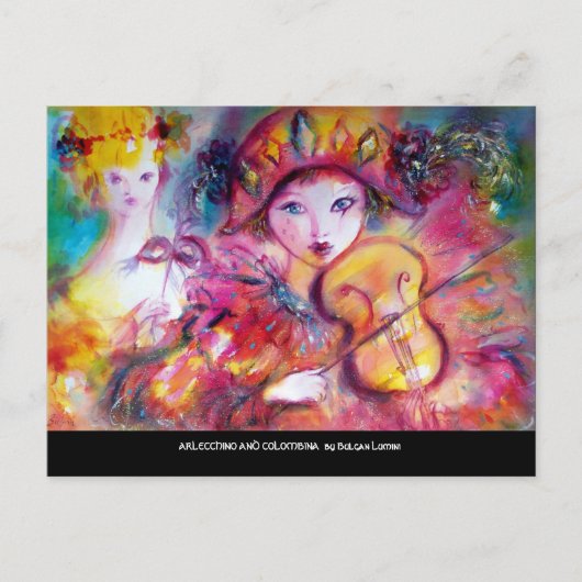 アルレッキーノとコロンビーナ ヴェネツィアの仮面舞踏会マスク インビテーションポストカード (正面)