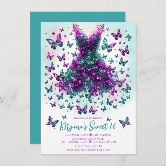 アレキサンドライトティール（緑がかった色）バタフライドレスジュンバースストーン 招待状 (正面/裏面)