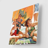 アレックス・ロスのビーチでのカードゲーム スクエア壁時計 (傾斜)