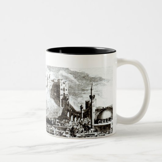 アレッポ、シリア市そして城の眺め ツートーンマグカップ (右)