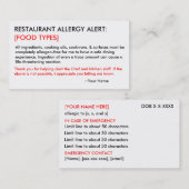 アレパーソナライズされたルギーレストラン& ICEカード 名刺 (正面/裏面)