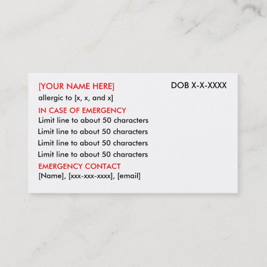 アレパーソナライズされたルギーレストラン& ICEカード 名刺 (裏面)