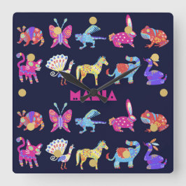 アレブリエパーソナライズされたメキシカン動物フォークアート スクエア壁時計