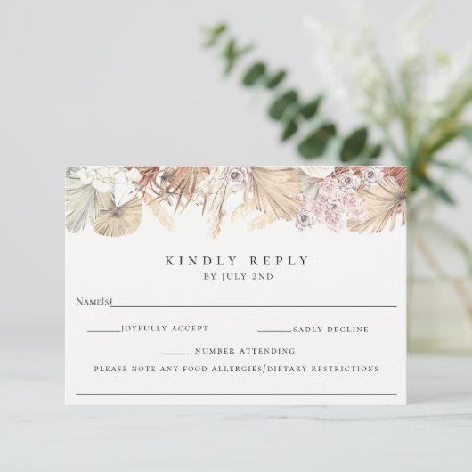アレルギーノート付きボヘミアン植物結婚式RSVP 出欠カード (スタンド正面)