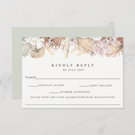アレルギーノート付きボヘミアン植物結婚式RSVP 出欠カード (正面/裏面)