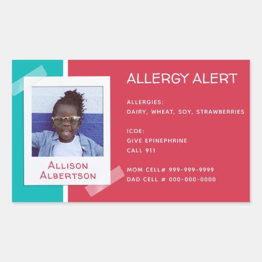 アレルギー警告キッズフォトメディカルエマージェンシーデイケア 長方形シール (正面)