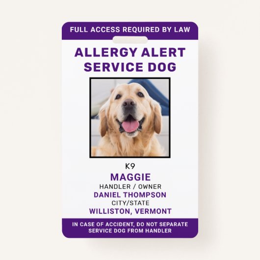 アレルギー警告サービスの犬IDの写真パーソナライズされた バッジ (正面)