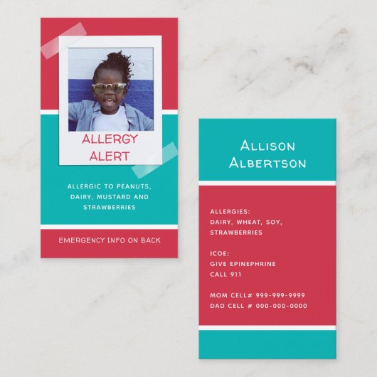 アレルギー警告児童写真医療救急デイケア コーリングカード (正面/裏面)