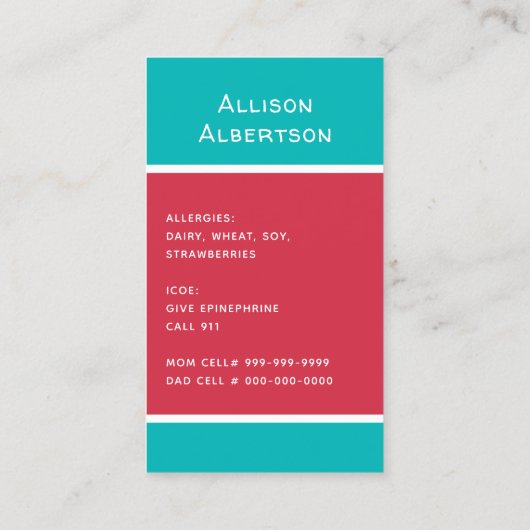 アレルギー警告児童写真医療救急デイケア コーリングカード (裏面)