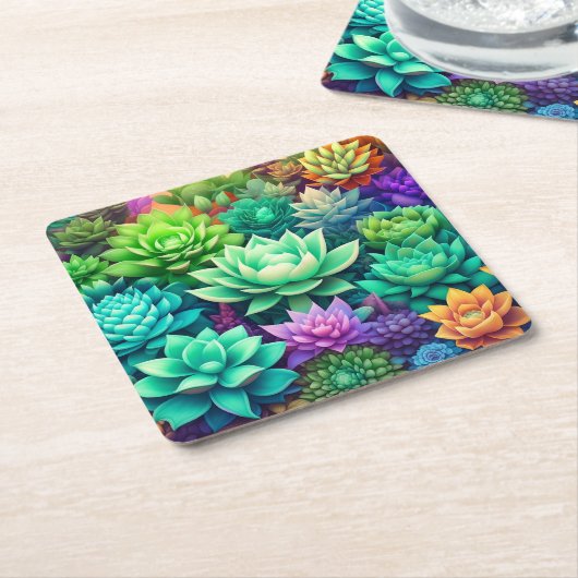 アロエヴェラと多肉色コラージュ スクエアペーパーコースター (アングル)
