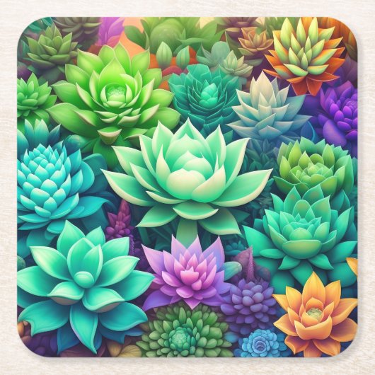 アロエヴェラと多肉色コラージュ スクエアペーパーコースター (正面)