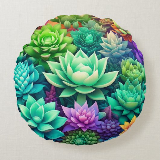 アロエヴェラと多肉色コラージュ ラウンドクッション (正面)