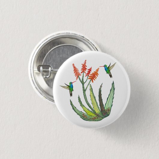 アロエヴェラ多肉性の花ハミングバーズの水色 缶バッジ (正面&裏面)