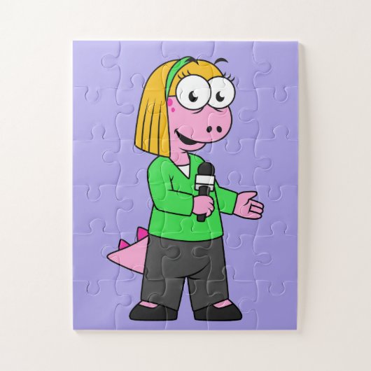 アロサウルスのニュース記者のイラストレーション。 ジグソーパズル (縦)