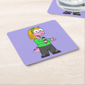 アロサウルスのニュース記者のイラストレーション。 スクエアペーパーコースター (アングル)