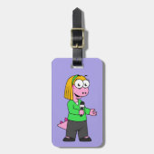 アロサウルスのニュース記者のイラストレーション。 ラゲッジタグ (正面縦)