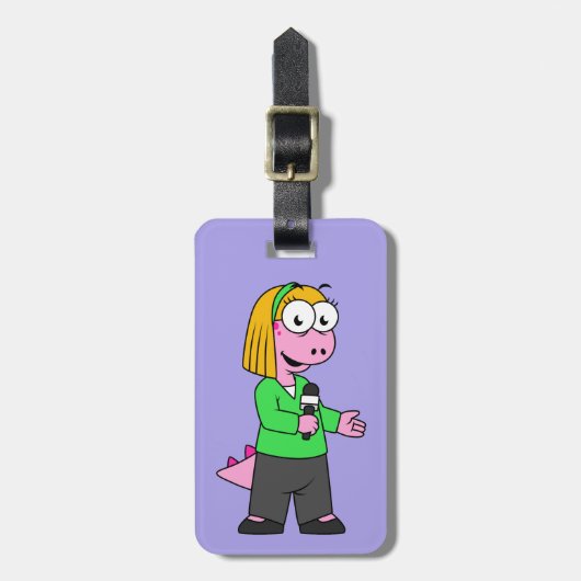 アロサウルスのニュース記者のイラストレーション。 ラゲッジタグ (正面縦)