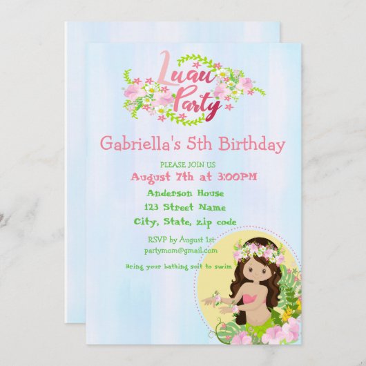 アロハガールズルアウ（ハワイ式宴会）誕生日パーティーの招待 招待状 (正面/裏面)