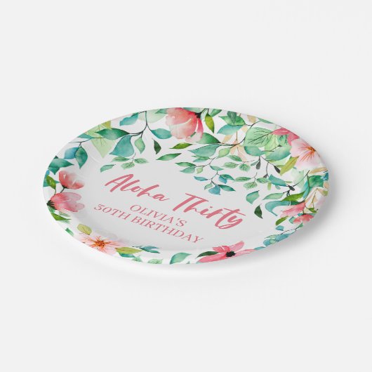 アロハサーティトロピカルルアウ（ハワイ式宴会）誕生日 ペーパープレート (アングル)