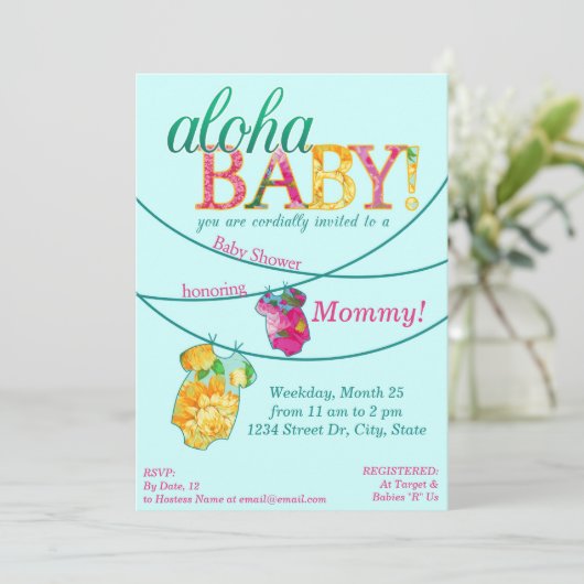 アロハシャツのOnsieのルアウ(ハワイ式宴会)のシャワーの招待状 招待状 (スタンド正面)