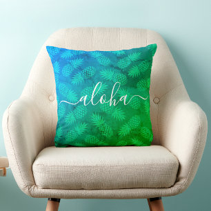 アロハスクリプトブルーグリーンパイナップルパターン熱帯 クッション