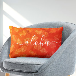アロハタイポグラフィイエローオレンジパイナップルパターン ランバークッション