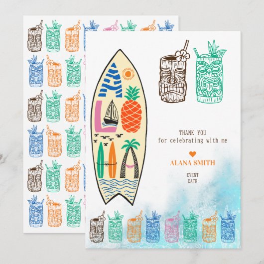 アロハティキサーフボードトロピカルルアウ（ハワイ式宴会）ハワイアンパーティー サンキューカード (正面/裏面)
