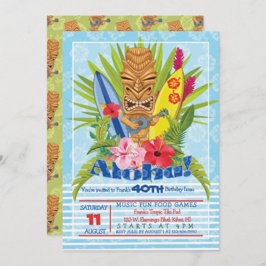 アロハティキトーテムウクレレ誕生日パーティーの招待 招待状 (正面/裏面)