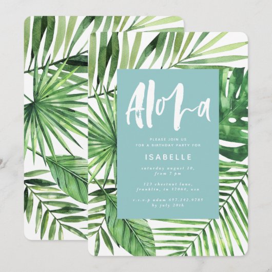 アロハティール（緑がかった色）熱帯パームリーフ&スクリプト誕生日 セーブザデート (正面/裏面)