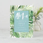 アロハティール（緑がかった色）熱帯パームリーフ&スクリプト誕生日 セーブザデート (スタンド正面)