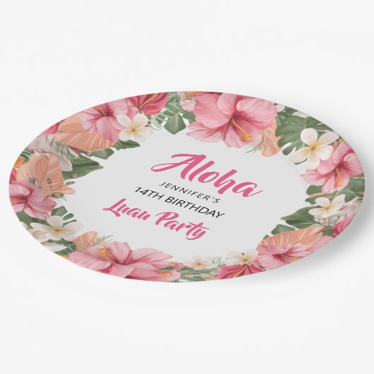 アロハトロピカルハイビスカスルアウ(ハワイ式宴会)誕生パーティー ペーパープレート (アングル)