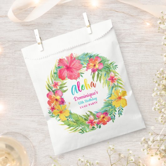 アロハトロピカルハイビスカスルアウ（ハワイ式宴会）誕生日 フェイバーバッグ (クリップ留めされた状態)