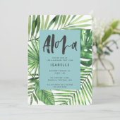 アロハトロピカルパーム&スクリプト誕生日の招待状 セーブザデート (スタンド正面)
