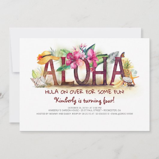 アロハトロピカルビーチパイナップル誕生日 招待状 (正面)