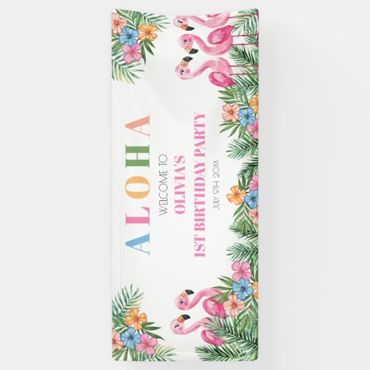 アロハトロピカルフラミンゴキッズ1st誕生日へようこそ 横断幕 (縦)