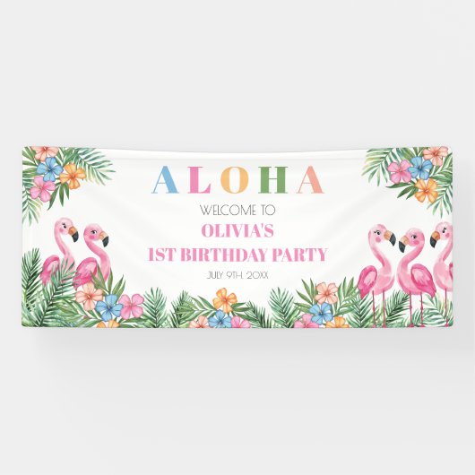 アロハトロピカルフラミンゴキッズ1st誕生日へようこそ 横断幕 (横)